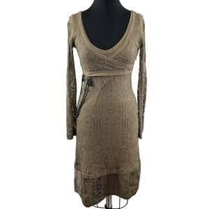 Save The Queen Brown Crochet Lace Scoop Neck Long Sleeve Midi Dress Chain S